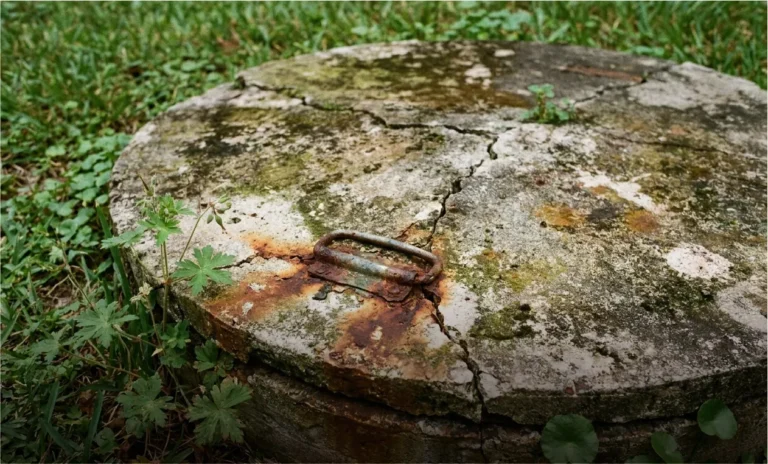 Weathered concrete septic tank lid overgrown in the yard, on a system due for inspection.