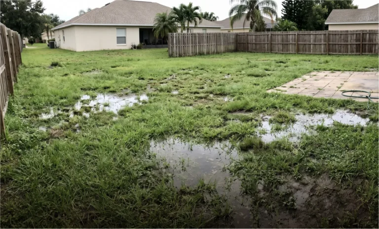 Standing water pooling on a Florida lawn over a saturated septic drain field.