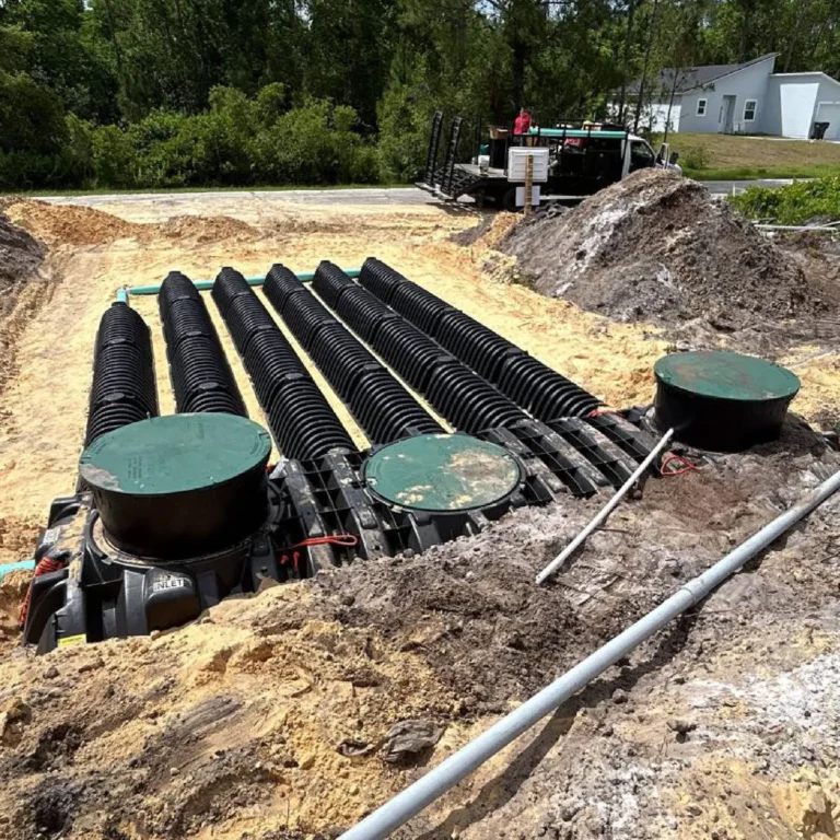 Drain field chambers laid out beside the septic tanks during installation in Kissimmee, Osceola County, Florida.