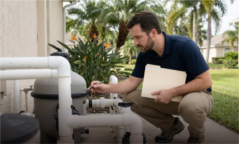 Inspector checking pool and plumbing equipment at a Florida home before a property sale.