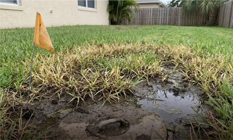 Wet, muddy ground with a utility marker flag over a septic system in a Florida yard.