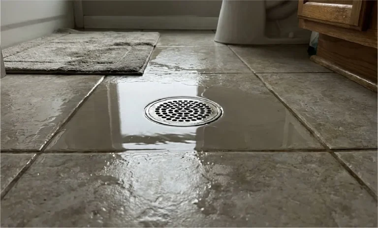 Water backing up around a floor drain after heavy rain, a sign of a failing drain field.