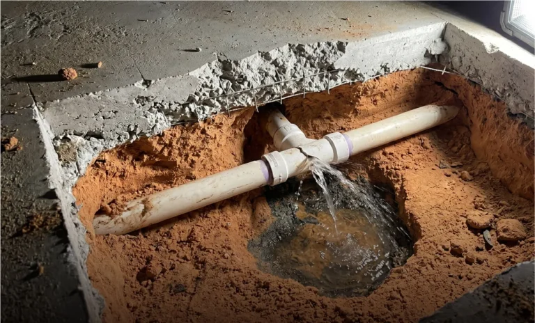 Broken water line spraying inside an open trench cut through a concrete slab during a slab leak repair.