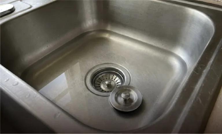 Stainless steel kitchen sink holding standing water over a slow drain.