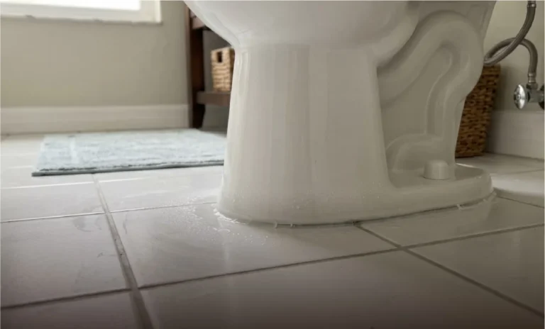 Water pooling around the base of a toilet on a tile floor, a sign of a failed wax seal.