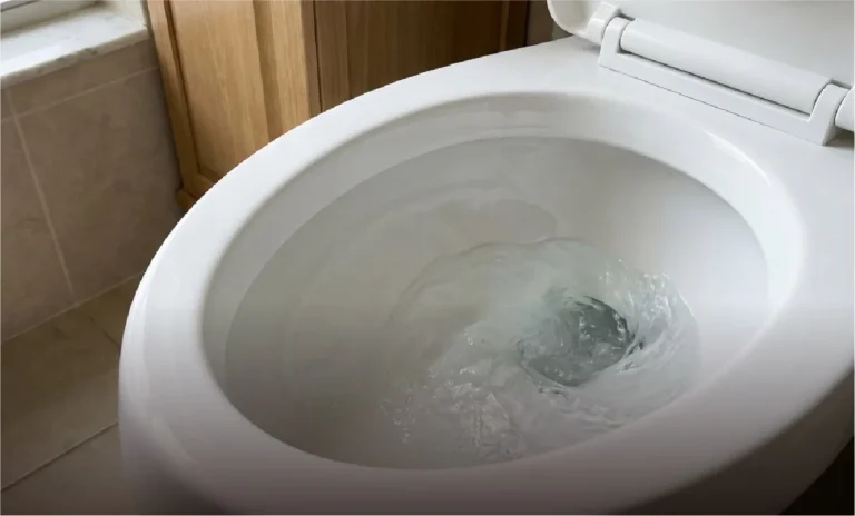 Toilet bowl mid-flush, where gurgling points to a venting problem or a partial blockage.