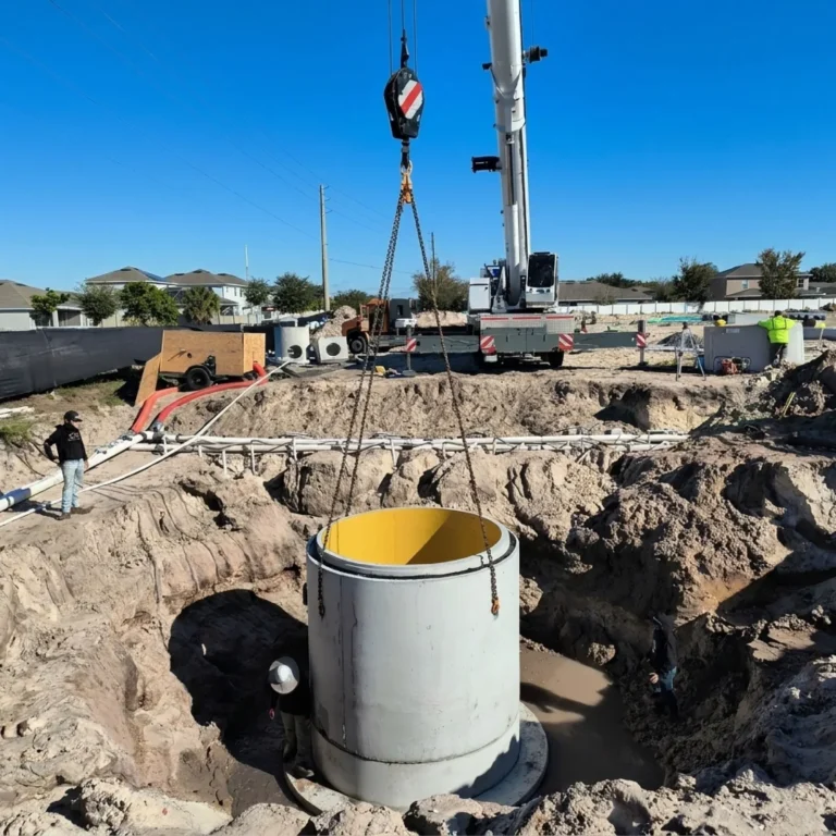 Crane lowering a precast concrete structure into the excavation on an underground utility project in Kissimmee, Florida.