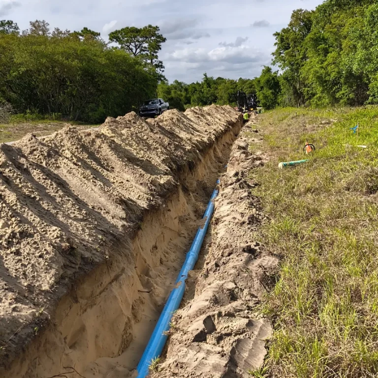 Open trench with blue water main pipe installed in Poinciana, Polk County, Florida.